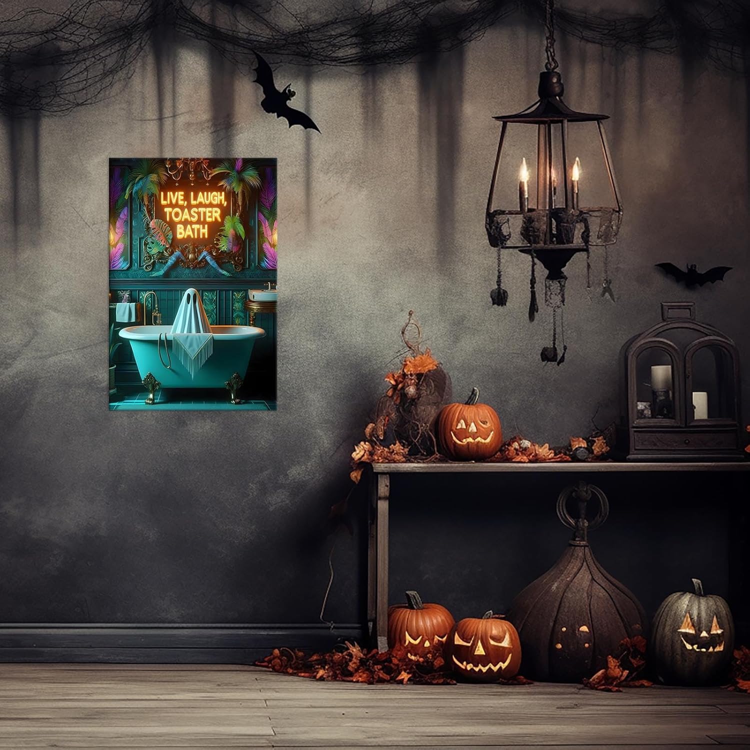 Funny Bathroom Decor Tropical Ghost Poster Live Laugh Toaster Bath Neon Sign Wall Art Decor Cottagecore Style Ghost Art Dark Humor Halloween Gifts Toilet Farmhouse Restroom Decor 12X16inch Framed