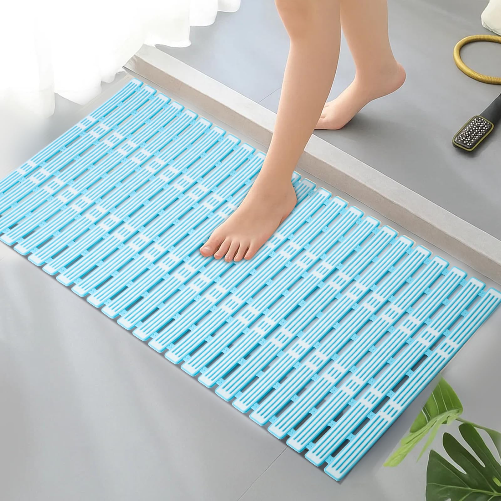 Shower Mat 90x40cm Non Slip Cut to Size TPE Long Bath Mat Non Slip Shower Mats for Inside Shower Anti Slip Shower Mat with Suction Cups Rubber Bath Mat (Blue)