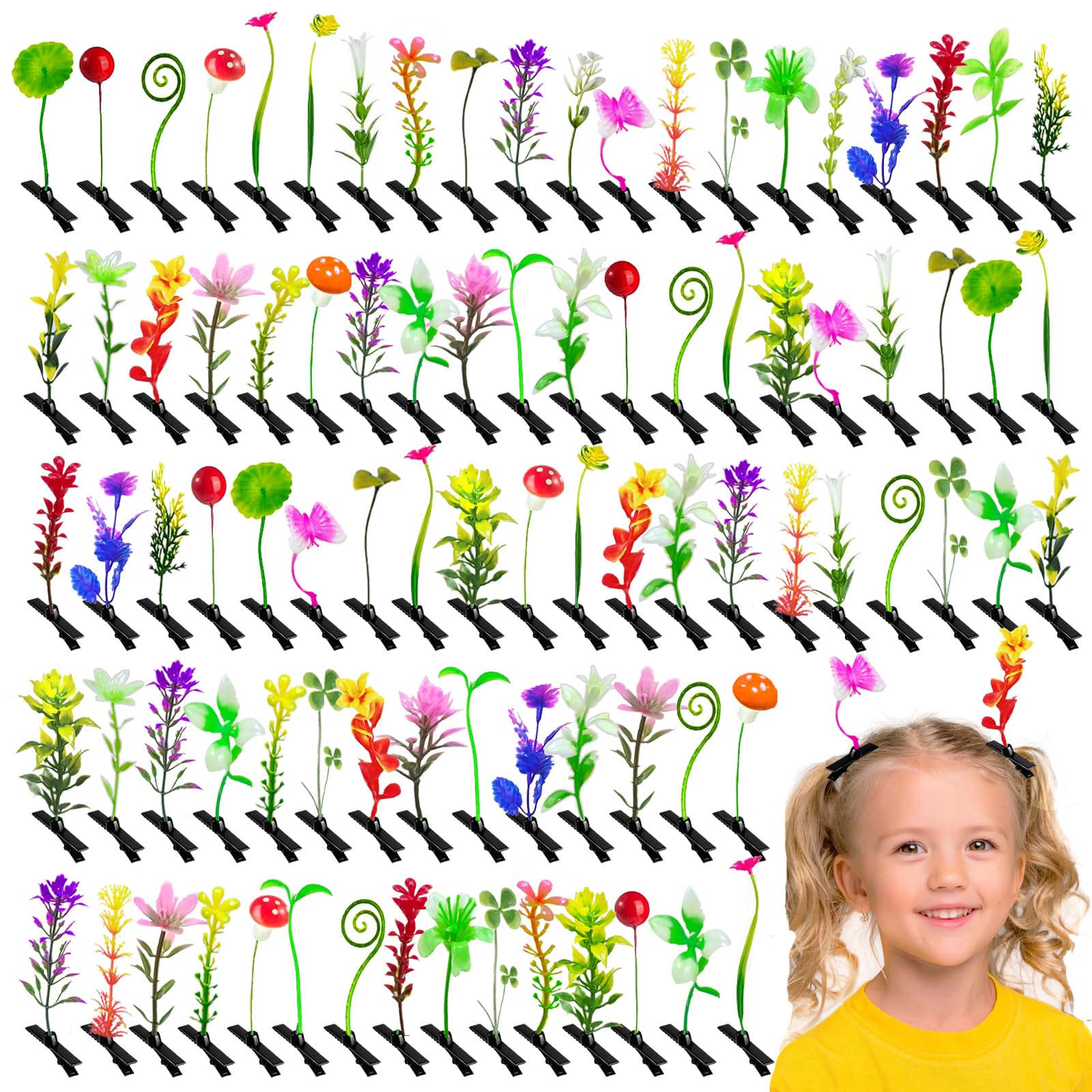 100 Pcs Bean Sprout Hair Clips,Plant Hairpins Funny Mixed Style Headwear Hair Accessories with Hot Glue Sticks for Women Kids Girls Crazy Hair Day School Home Party Decoration