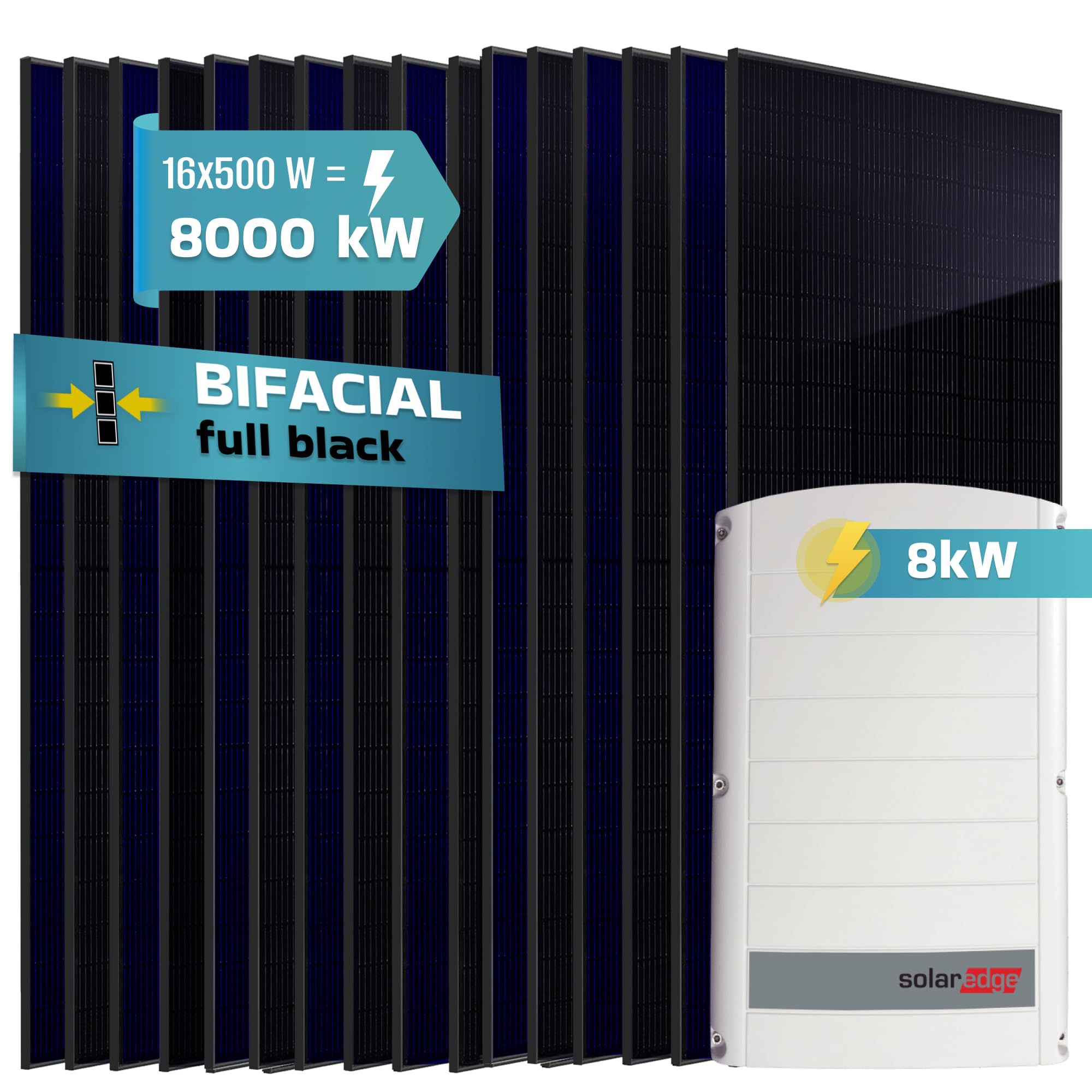 SUNNIVA® 8.0 kW Solaranlage, 16x 500 W Solarmodule Fullblack Bifacial, Wechselrichter SE8K (3-phasig)