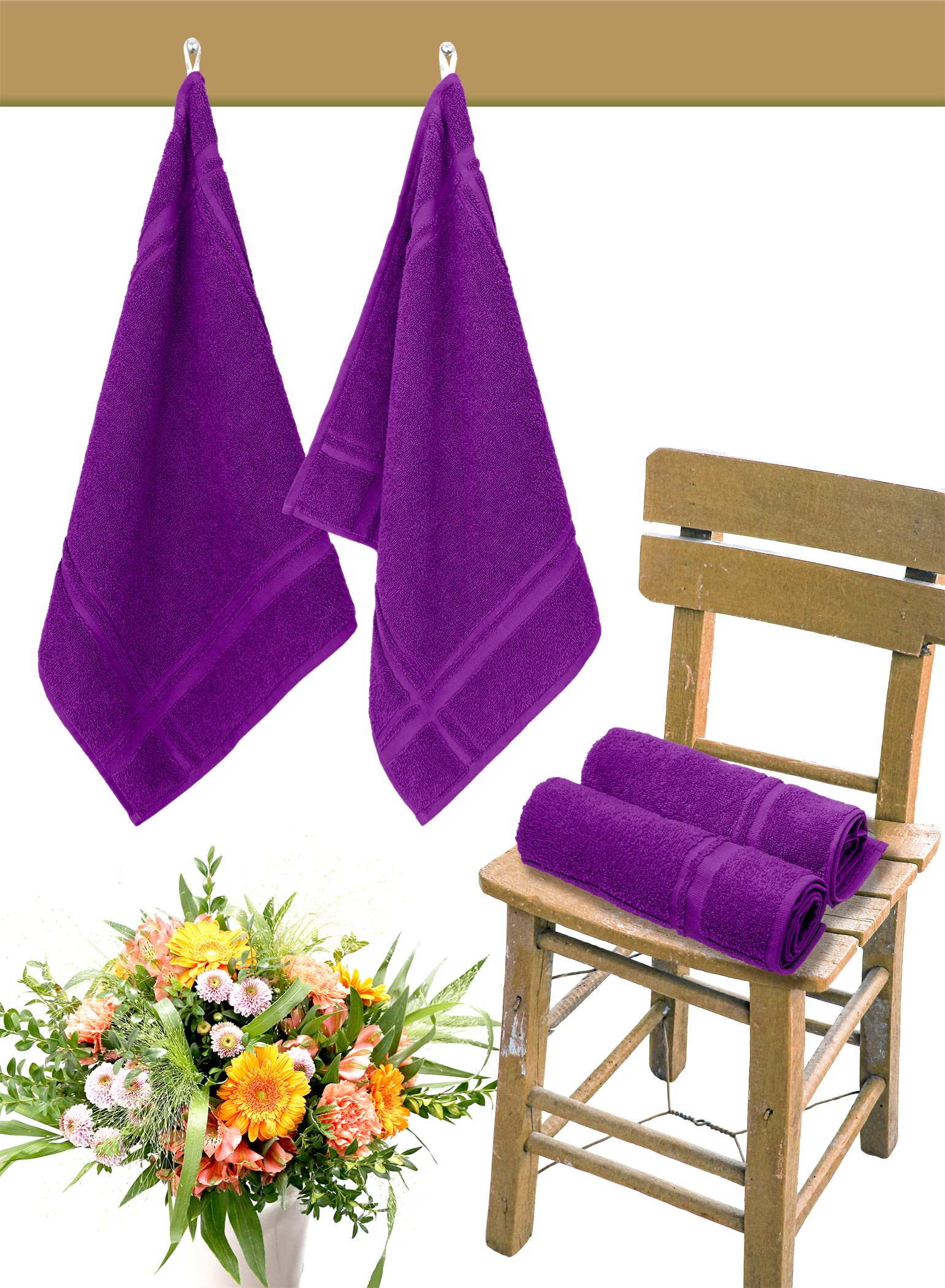 Lashuma Lot de 4 torchons de cuisine éponge 50 x 50 cm, 100 % coton, 450 g/m², violet aubergine