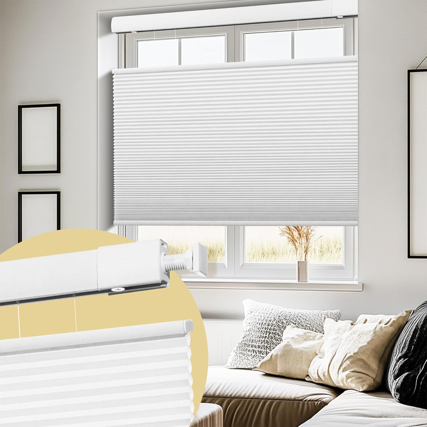 No Drill No Tools Cellular Shades Top Down Bottom Up Cordless Honeycomb Blinds Fabric Light Filtering Shades for Bedroom Living Room Windows Blinds, White, Custom Size