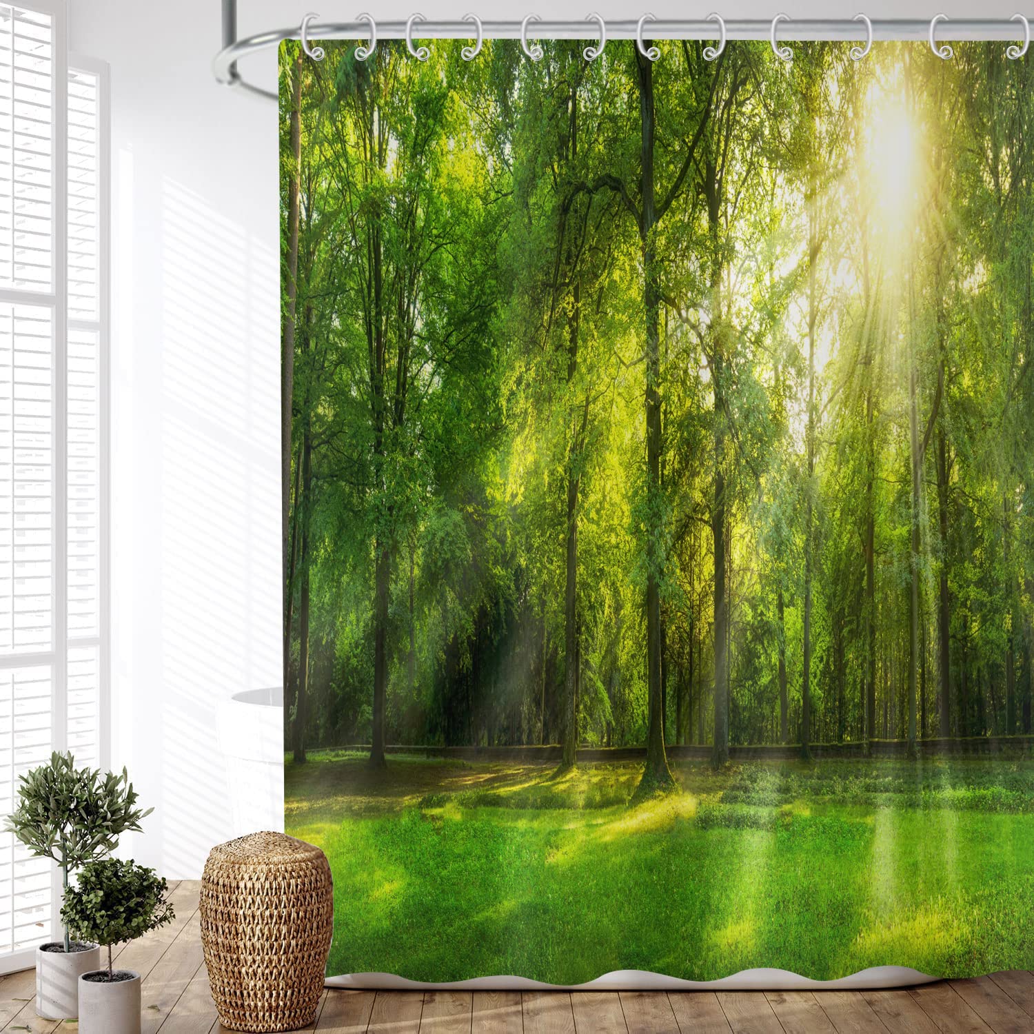 ASDCXZ Shower Curtain Forest 180x220 cm, Natural Landscape Green Forest Sunshine Motif Waterproof Textile Bath Shower Curtains Washable Polyester Fabric Shower Curtain for Bathtub with 12 Hooks โ image 1