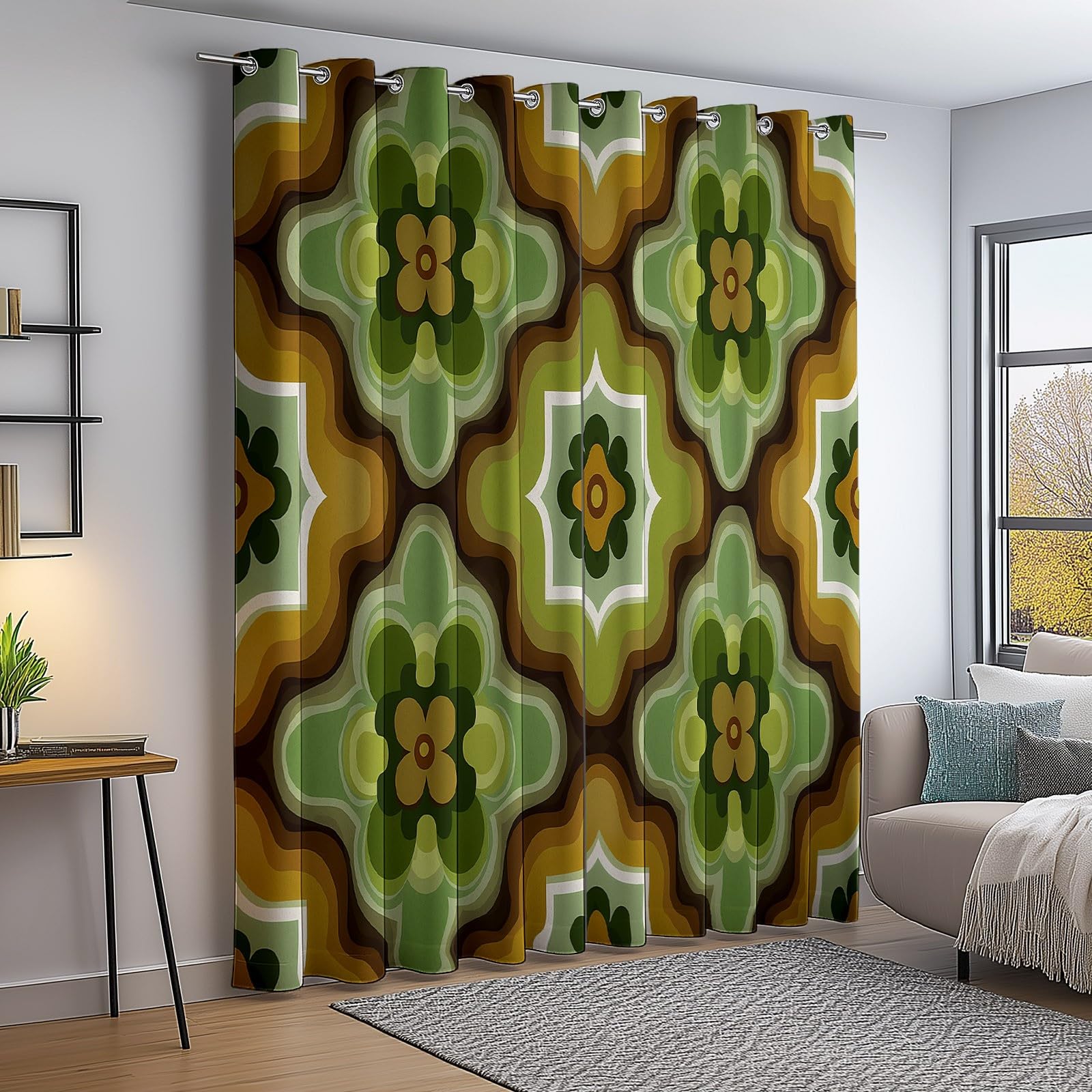 Décoration Géométrique Rétro, Rideaux Longs 140L X 260H cm (2 Panneaux), Tissu Occultant Thermique pour Baie Vitrée, Vert Marron