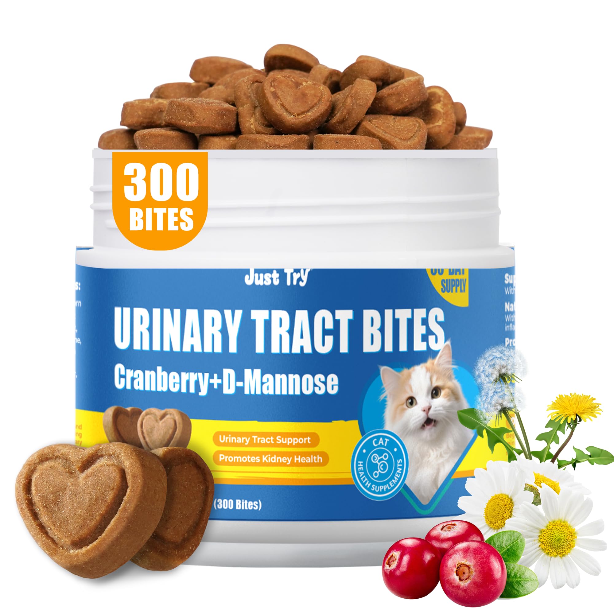 Just Try 300 Bites 6.35 oz Urinary Tract Bites for Cats - Cranberry & D Mannose Formula for Bladder Health - Prevent UTI & Promote Urinary Comfort - Grain Free, Natural Ingredients Cat Supplements