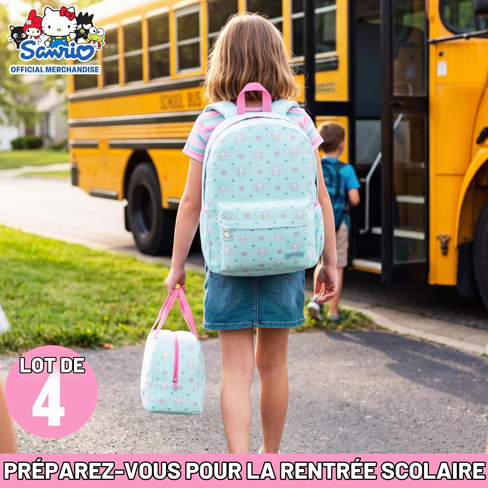 Get Trend Hello Kitty Cinnamoroll Sac a Dos Fille, 4 Pcs Cartable, Sac Isotherme Repas, Trousse Scolaire et Lanyard (Bleu/Rose Cinnamoroll)