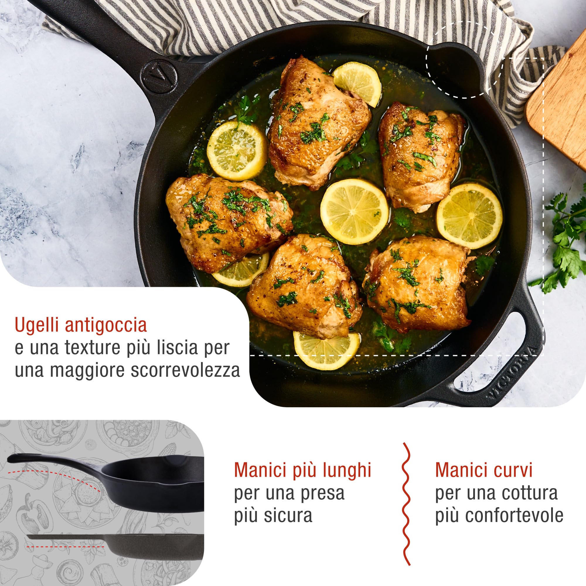 VICTORIA Padella in Ghisa Smaltata Induzione da 30cm, Adatta per, Fuoco, Barbecue, Forno, Vetroceramica e Gas, Cast Iron Skillet Senza Sostanze Tossiche, Senza PTFE e PFOA