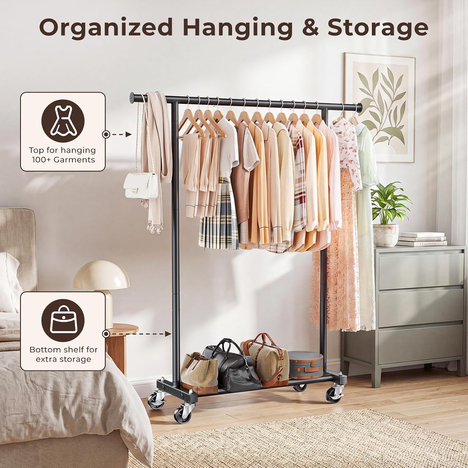 Clothes Rack for Hanging Clothes, Rolling Clothing Rack With Lockable Wheel, 45" Wide Garment Racks for Clothes to Hang, Freestanding Wardrobe Coat Racks, Black