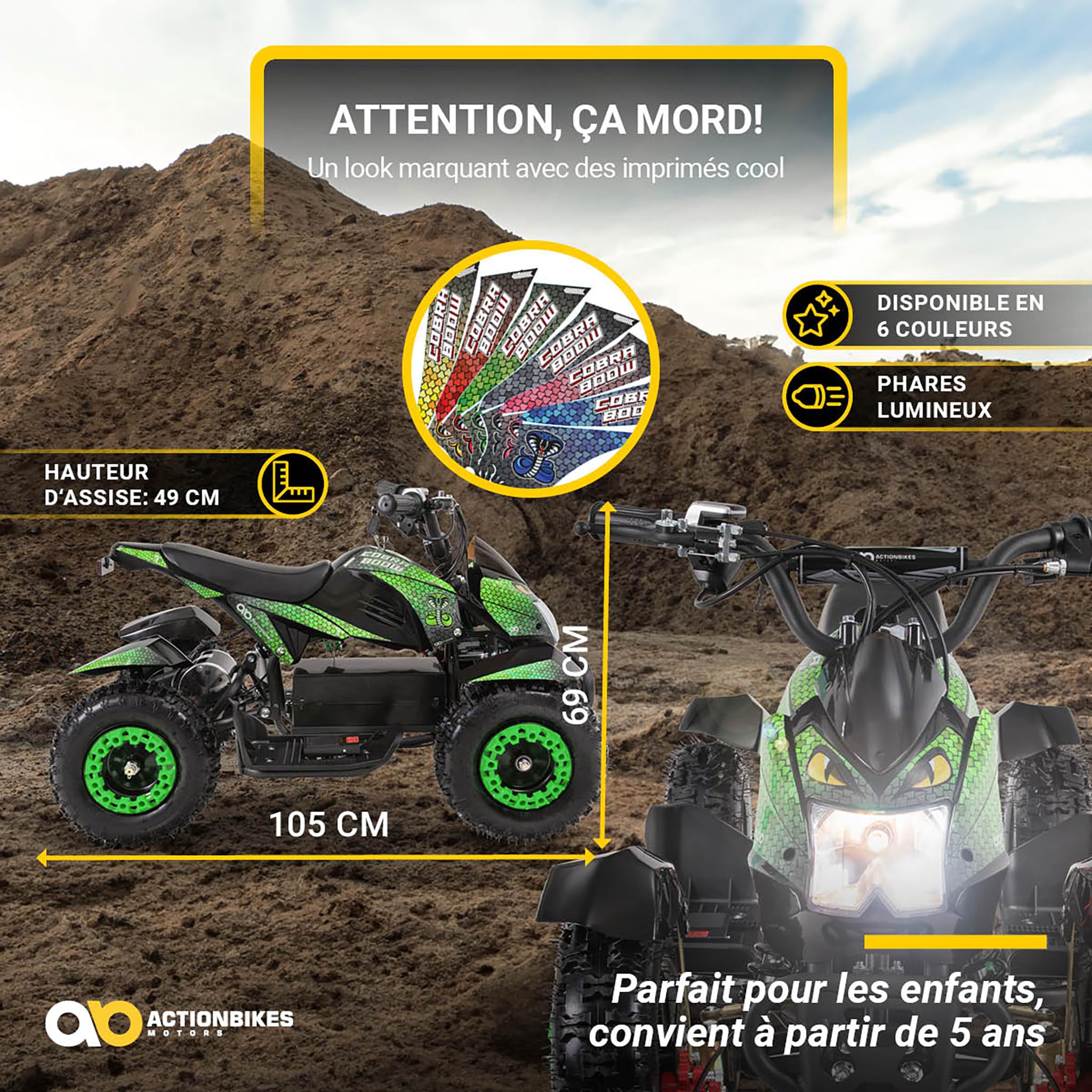 Actionbikes Motors Quad électrique Enfant ATV Cobra | 36 Volts 800 Watts Jusqu’à 24 km/h - Quad Enfant - Pocket Quad - pédale de sécurité Safety Touch - Mini Quad - dès 8 Ans (Vert/Noir)