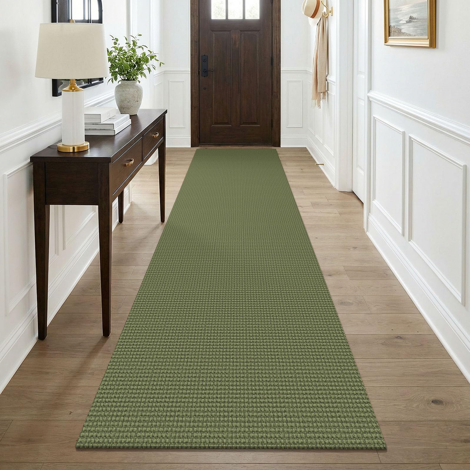 KOZYFLY Cotton Runners for Hallway 3x9, Wide Washable Runner Rug, Woven Non Slip Kitchen Runner, Braided Entryway Rug, Floor Carpet for Foyer, Bedroom, Hall, Olive Green/Earthy Green