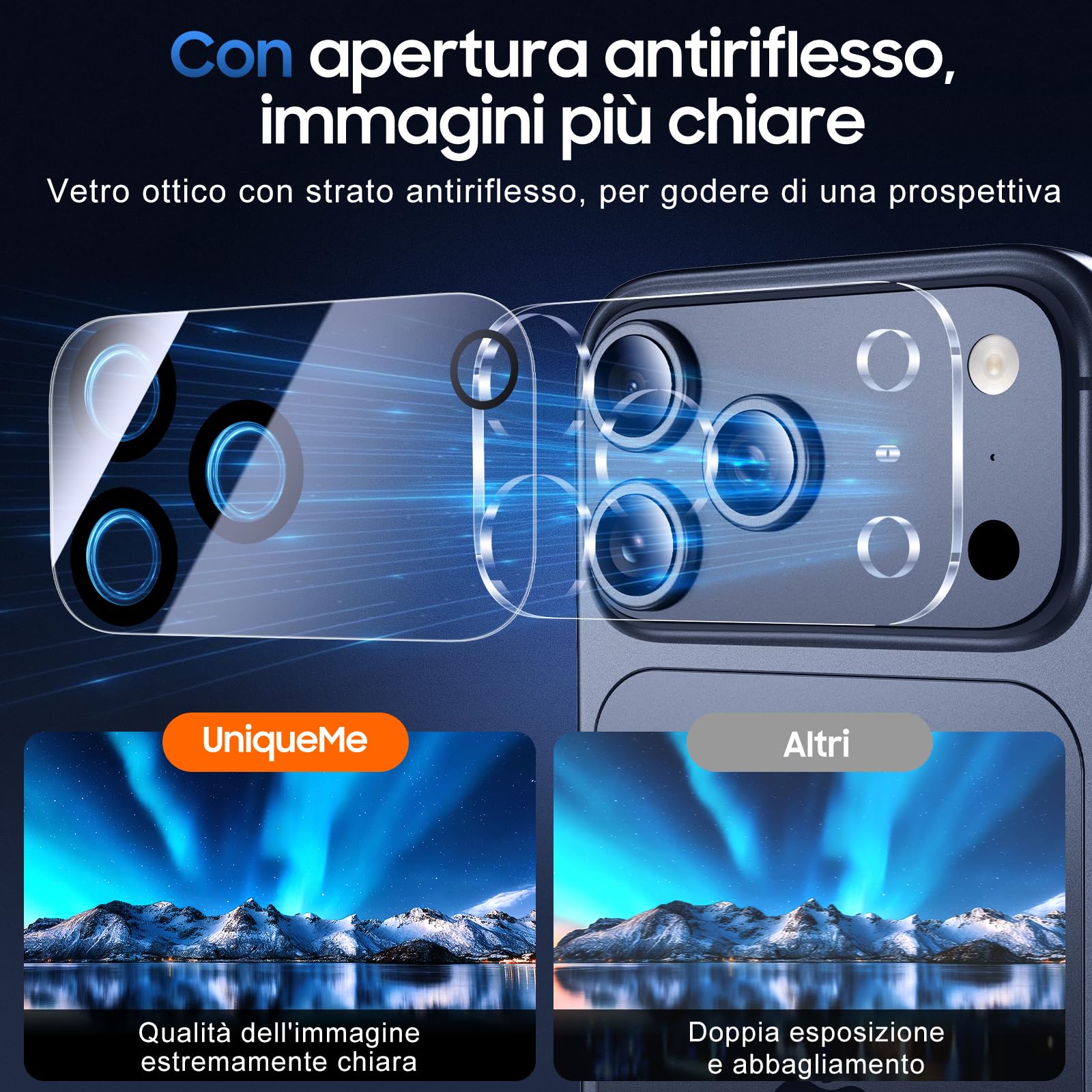 UniqueMe per iPhone 17 Pro Max Pellicola Protezione Fotocamera - HD Schermo, la Fotografia con Flash non è Influenzata, Anti-graffio, Durezza 9H - 3 Pezzi