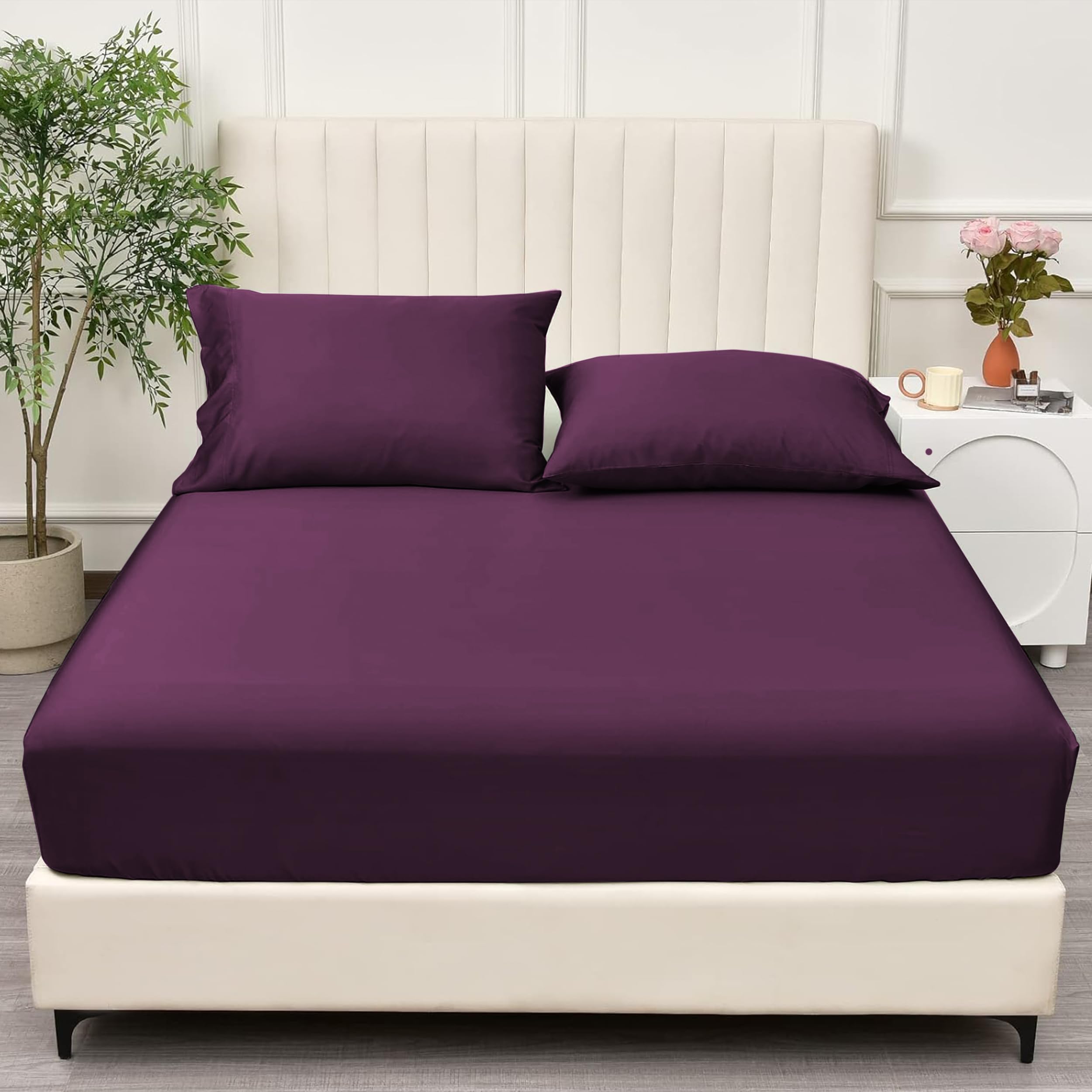 PRIME LINENS Brushed Microfiber Fitted Sheet 30 Cm Deep Pocket Easy Care Bed Sheet Ultra Soft Bottom Sheet Shrinkage & Fade Resistant (Aubergine, Single)