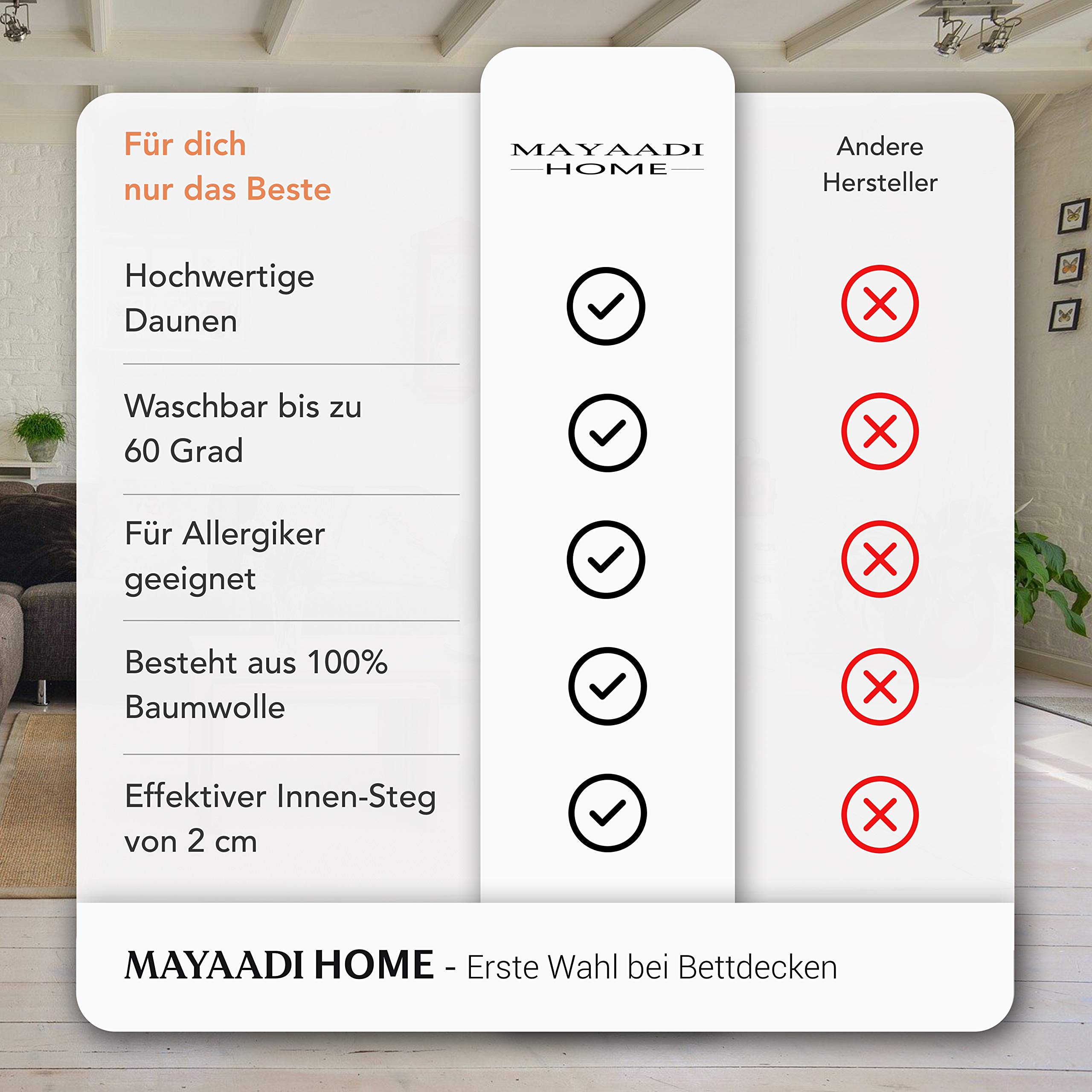 Mayaadi-Home Premium Daunendecke 155x220 cm | 1800g Bettdecke, 70% Gänsedaunen 30% Federn | 100% natürliche Baumwolle | Made in Europe | Steppdecke geeignet für Allergiker | HS40