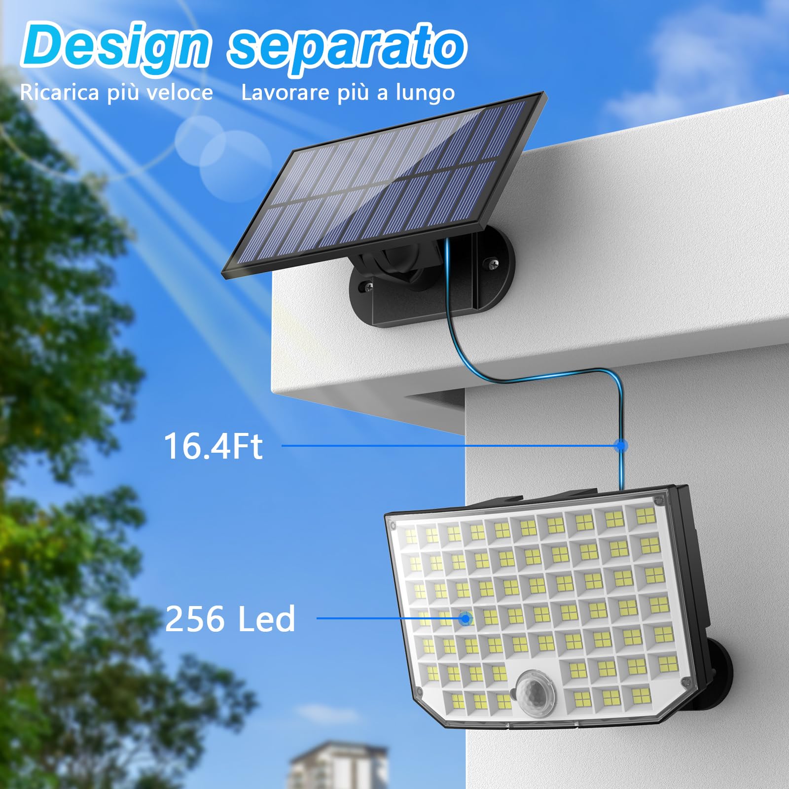 Faretti Solari a LED da Esterno, 256 LED 3 modelli Luce Solare LED Esterno con Sensore di Movimento, IP65 Impermeabile Lampada Solare da Esterno con Estensore 5M Giardino Garage 2 Pezzi