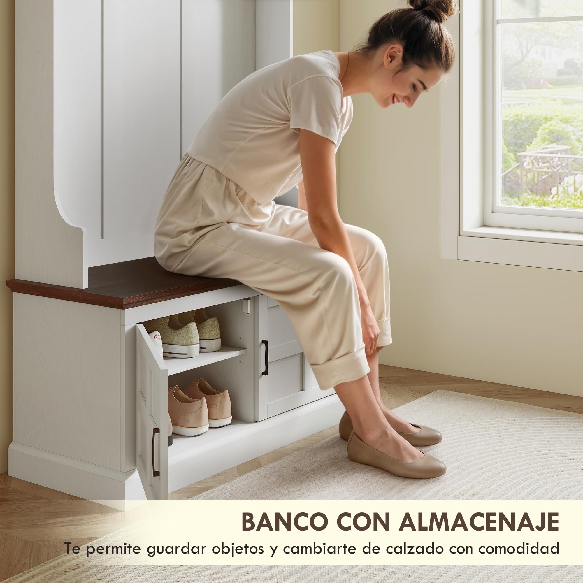 HOMCOM Perchero Zapatero Banco Zapatero 2 Puertas 105x40x180 cm Blanco | Perchero para Entrada Recibidor, 5 Ganchos, 3 Estantes Superiores, Estilo Rústico, para Salón Dormitorio Pasillo
