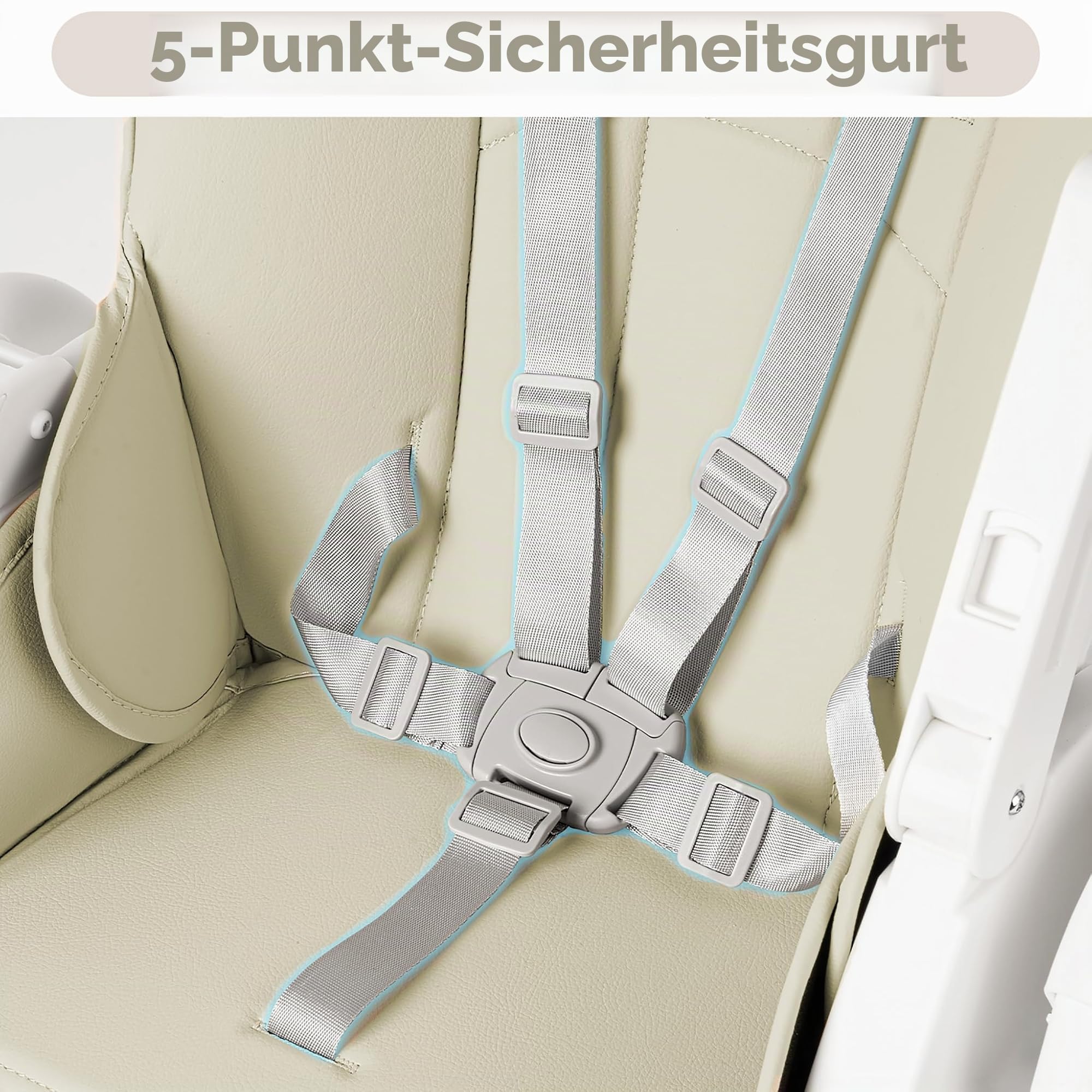 UISEBRT Kinderhochstuhl Klappbar, Höhenverstellbarer Baby Essstuhl mit Liegefunktion, Verstellbarem Doppeltablett und 5-Punkt-Gurt, Tragbarer Hochstuhl für Zuhause und Unterwegs, Beige