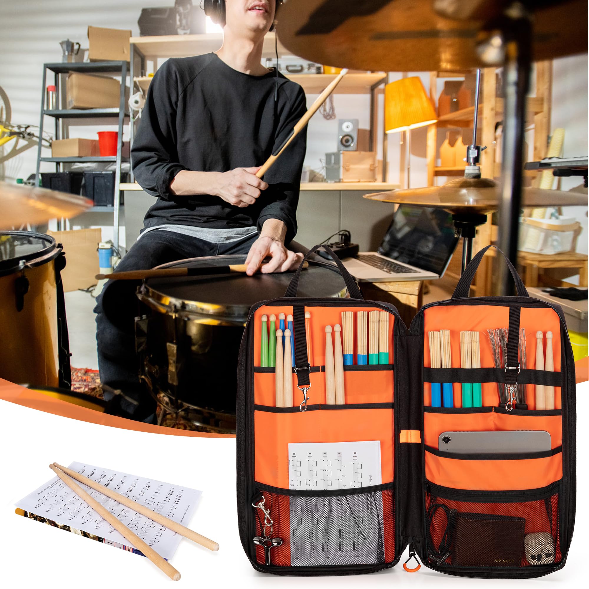 Damero Borsa a levetta da tamburo 600D Porta di bacchetta Hangoble Borsa di stoccaggio del tamburo portatile con spallatta regolabile