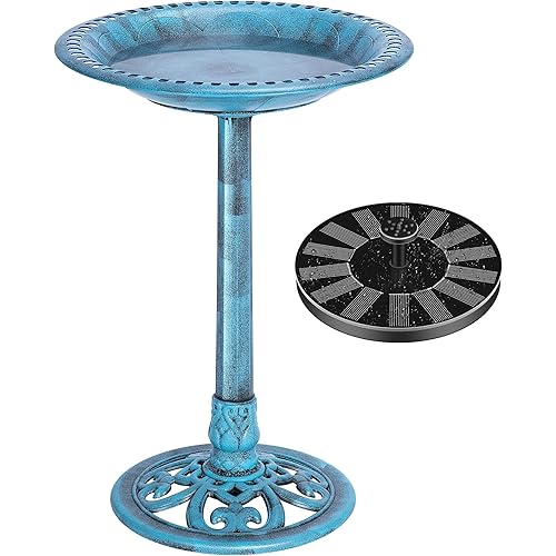 VIVOHOME Polyresin Antique Outdoor Blue Garden Bird Bath and Solar Powered Round Pond Fountain Combo Set
