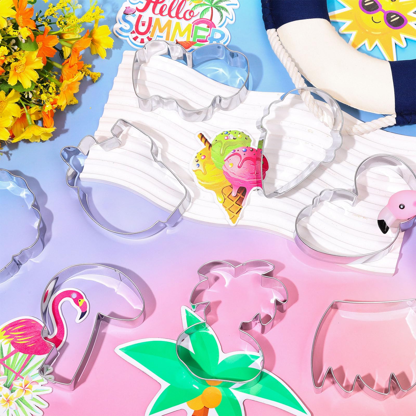 FYSUIMU 8 cortadores de galletas hawaianas de verano, flamencos tropicales, cocoteros, cortadores de galletas para verano, playa, piscina, fiesta de cumpleaños, suministros para hornear manualidades