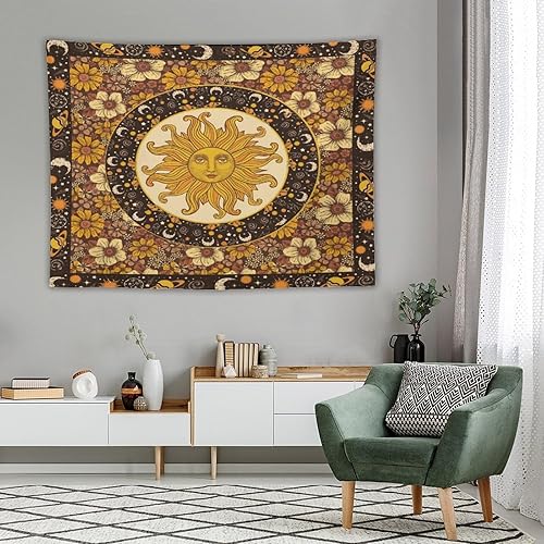 Miniatura 3 de Tapiz vintage con diseño de sol y luna, bohemio, para colgar en la pared con girasoles, mariposa, polilla, constelación, estético, tapices para