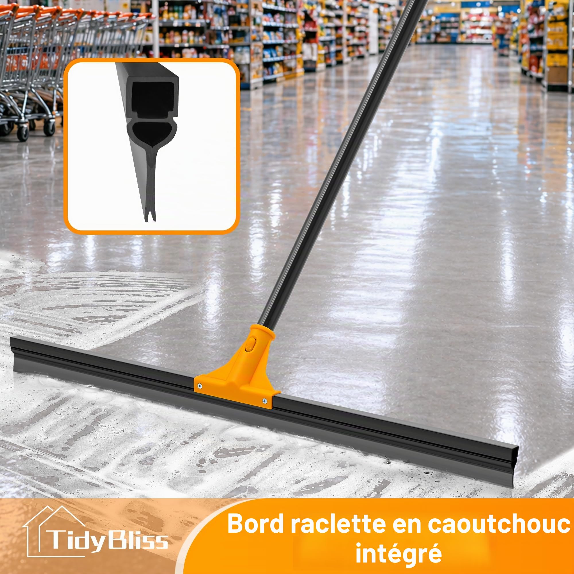 TidyBliss Balai Raclette Sol Extérieur Terrasse Professionnelle de Large 76 cm avec Manche Long 148 cm, Laveur pour la Salle de Bain, Cour, Garage, Douche, Fenêtre (Orange)