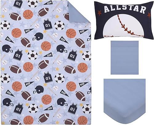 Miniatura 8 de Everything Kids Sports - Juego de cama Allstar de 4 piezas para niños pequeños, gris, azul marino, naranja y marrón, edredón, sábana bajera