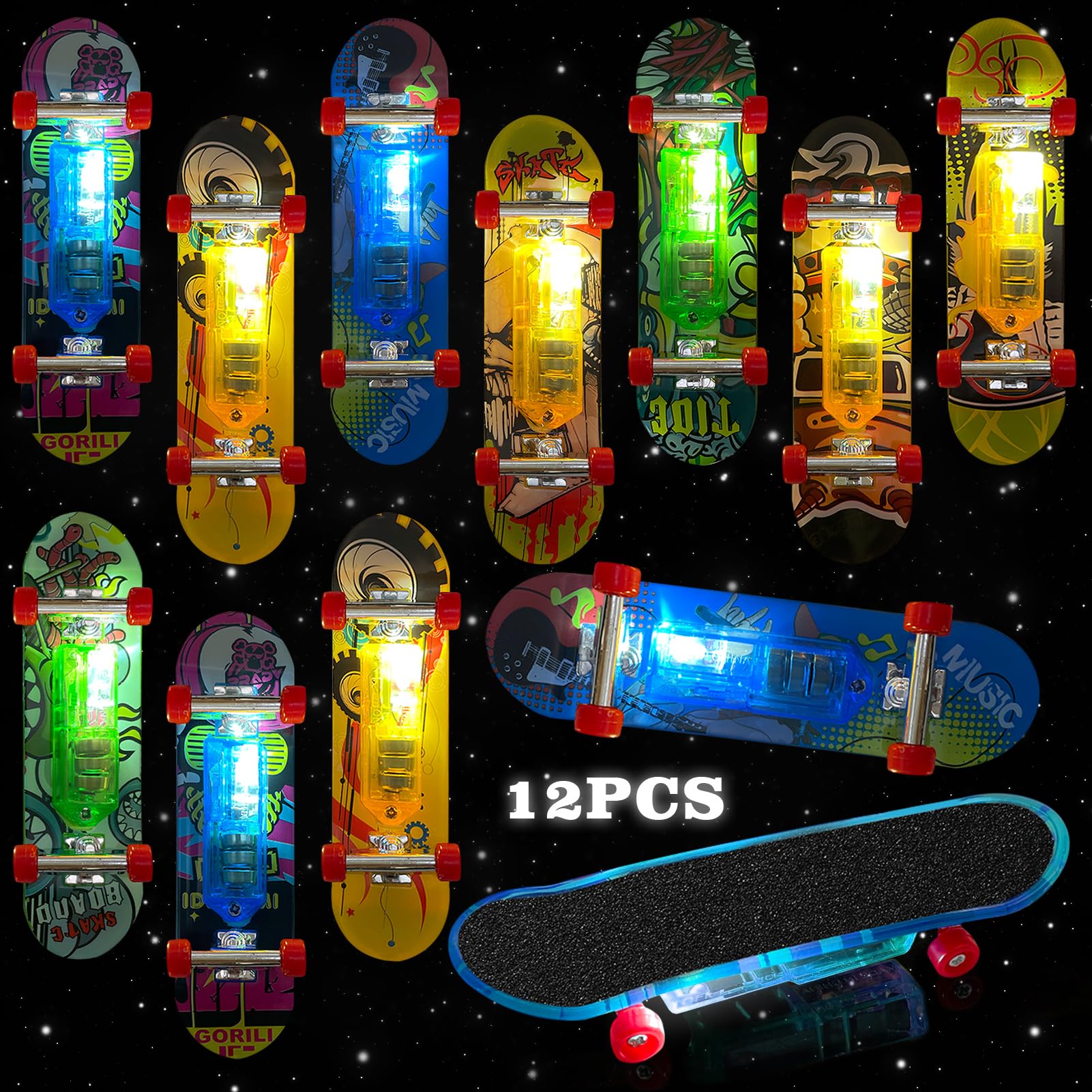 TOPJOWGA 12 Piezas LED Mini Finger Skateboard Luminosas, Skate de Dedos Profesionales, Diapasón Monopatines, Patineta de Juguete para Fiestas