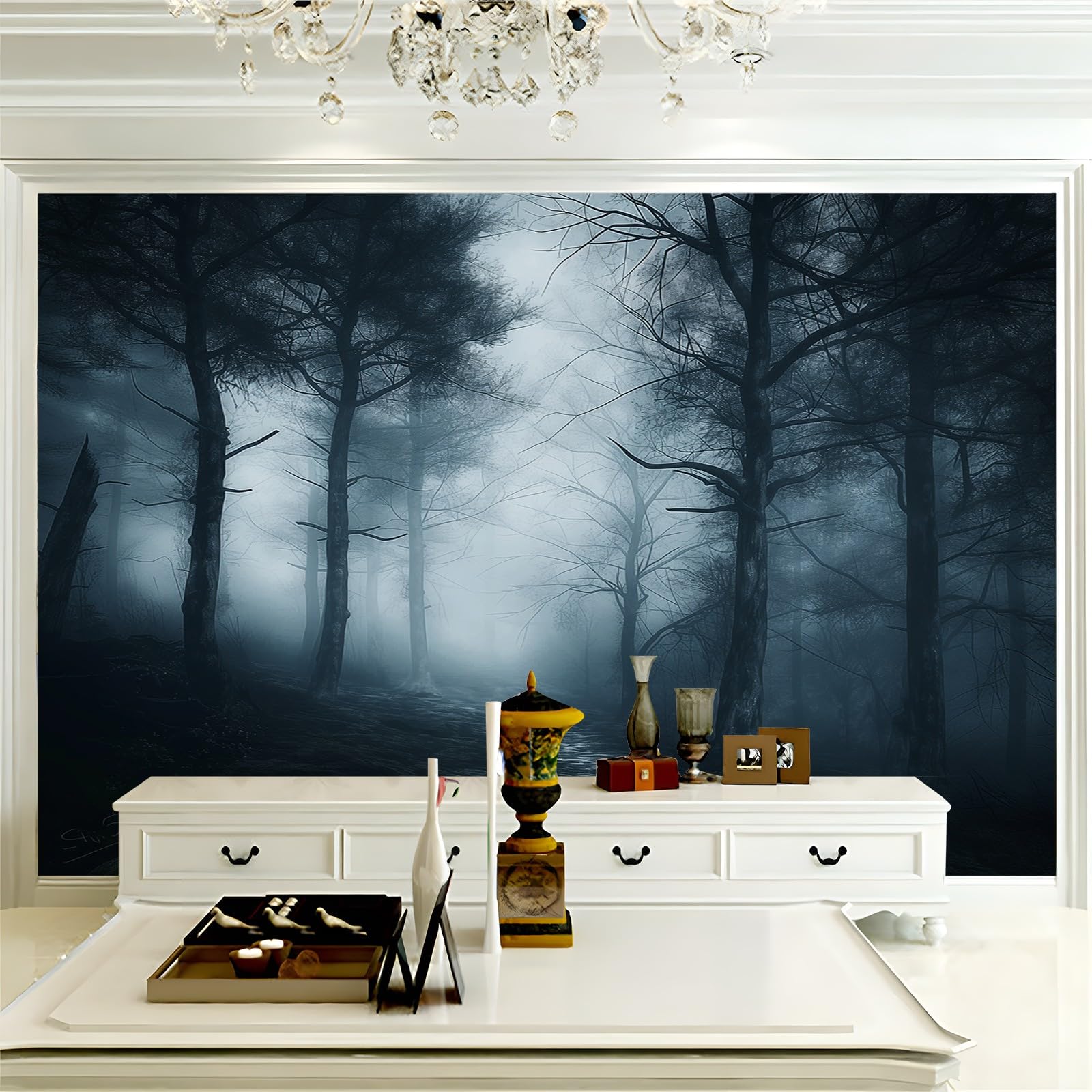 Panoramiczna tapeta z motywem mgły z horroru, nowoczesna tapeta z włókniny, łatwa do nałożenia, 200 x 140 cm, idealna do salonu, sypialni, biura lub korytarza, popielaty