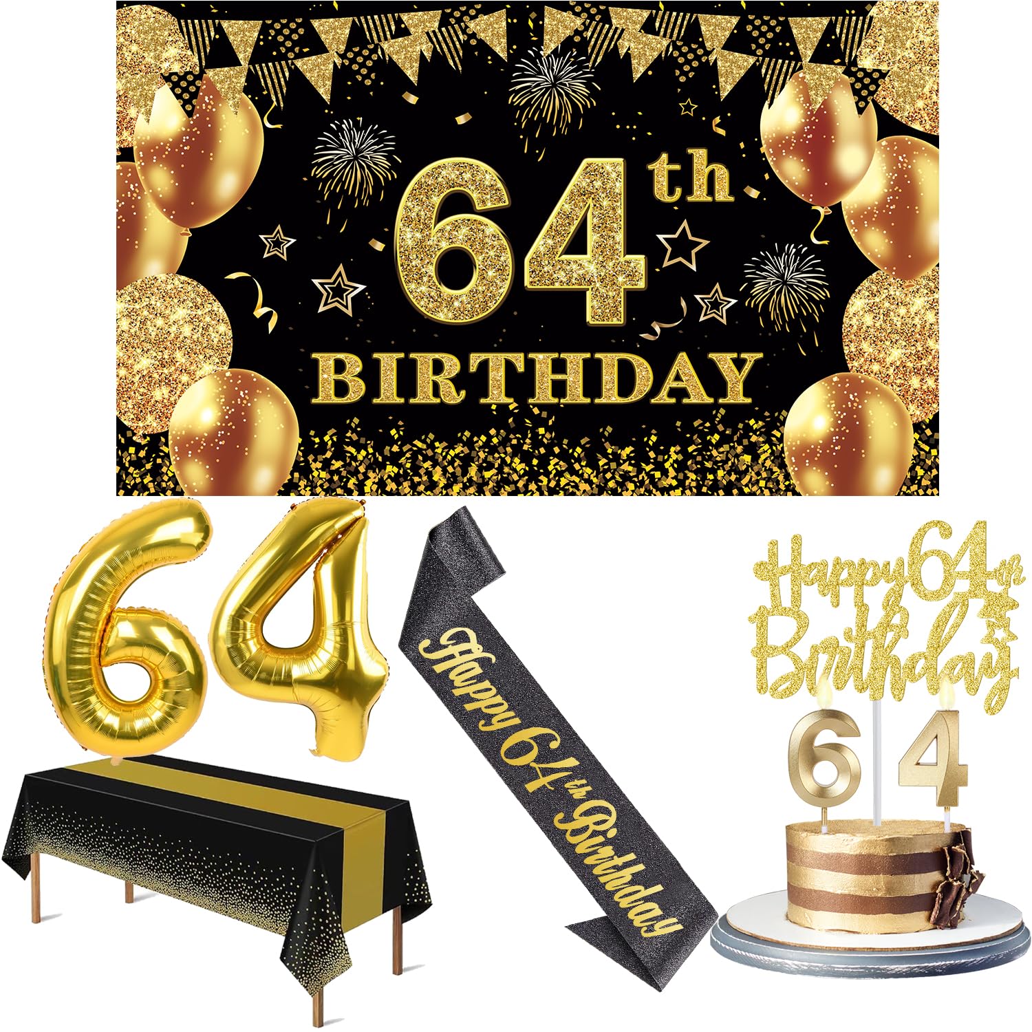 64th Birthday Decorations Men Women with 64th Birthday Banner, Black and Gold Table Cloth, Number Balloons, Large Sash, Cake Topper and Candles