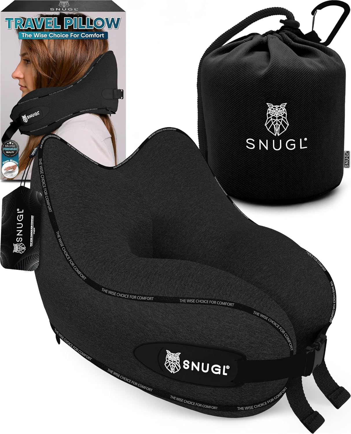 SNUGL Travel Pillow – Memory Foam - Travel Pillows for Airplanes - Neck Pillow for Airplane with Carry Bag & Clip – Neck Support Pillows for Pain Relief (Adult Small - Black) Adult Small Jet Black