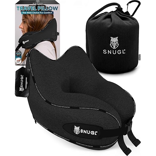 SNUGL Travel Pillow - Premium Memory Foam Neck Rest Cushion - Head, Neck & Chin Support for Airplane, Train or Car - Carry Bag with Clip Included - Flight and Travel Essentials (Jet Black - Regular)