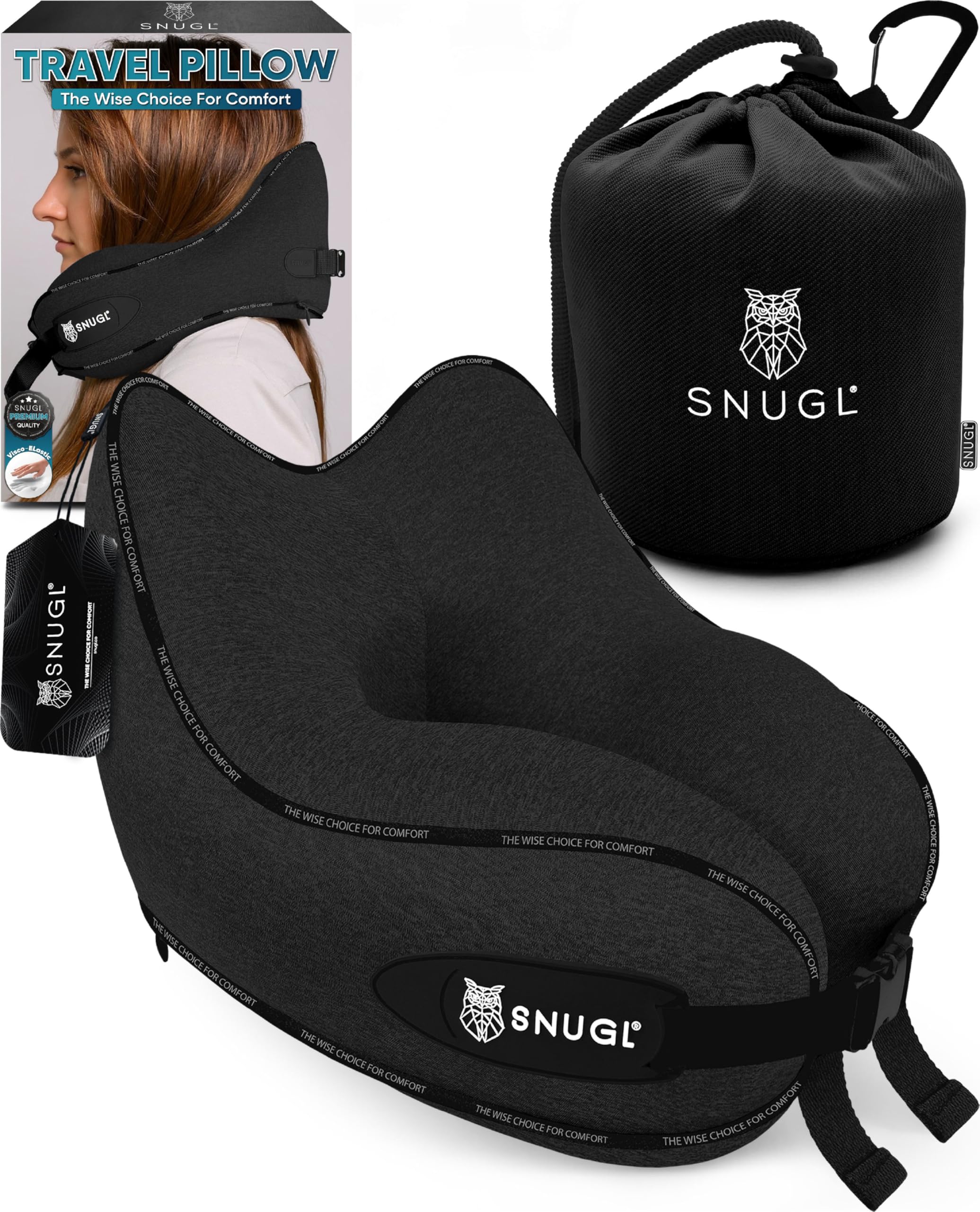 SNUGL Travel Pillow – Memory Foam Neck Pillow for Travel – Support Cushion for Airplane with Carry Bag & Clip - Holiday Essentials (Black - Adult Regular)