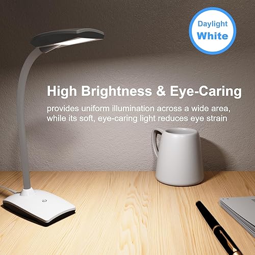 Miniatura 5 de Lámpara de escritorio LED de 3 brillos regulable para cuidado de los ojos, lámpara de mesa blanca flexible de cuello de cisne táctil, luz de