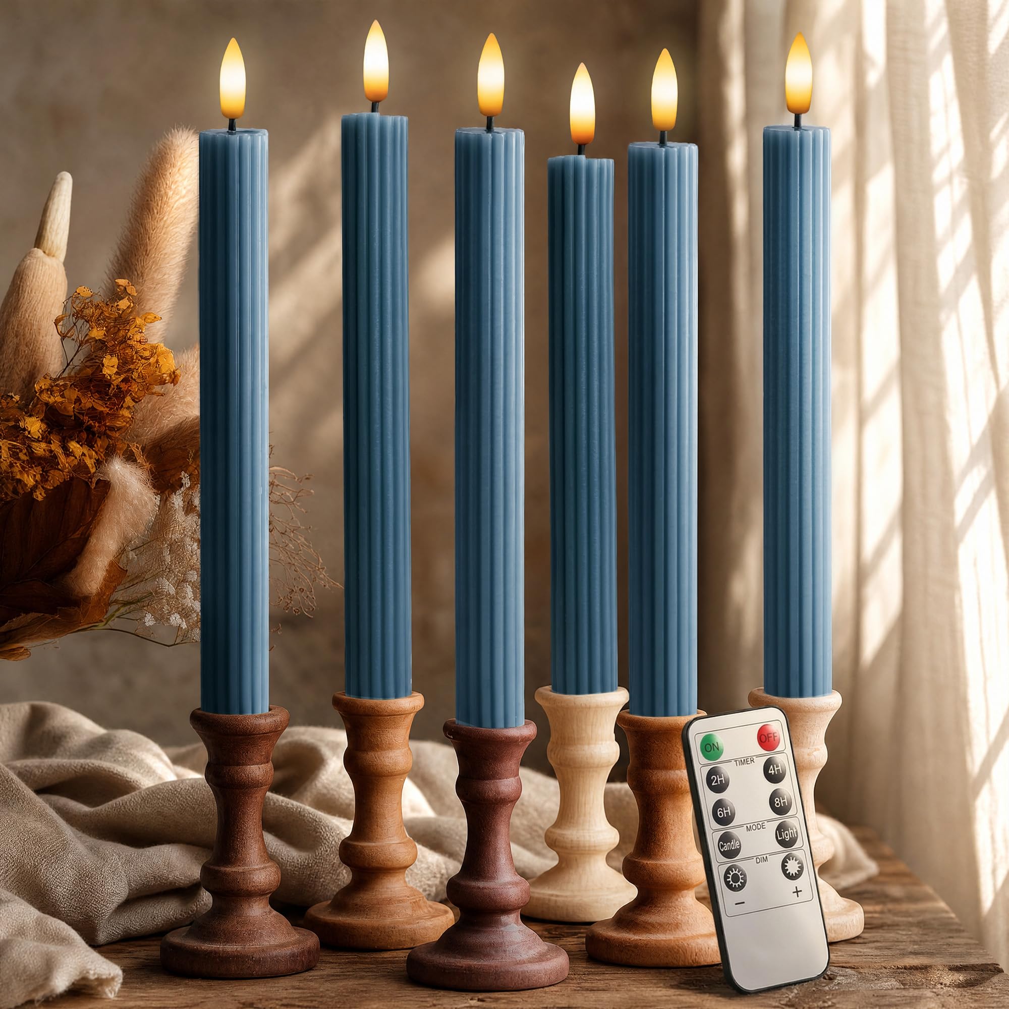 6 Pack, 10" LED Flameless Real Wax Blue Fluted Ribbed Grooved Taper Candles, Remote &amp; 24h Timer Memory, On/Off Button, Dimmable, Flicker Mode, Battery Operated, Wedding