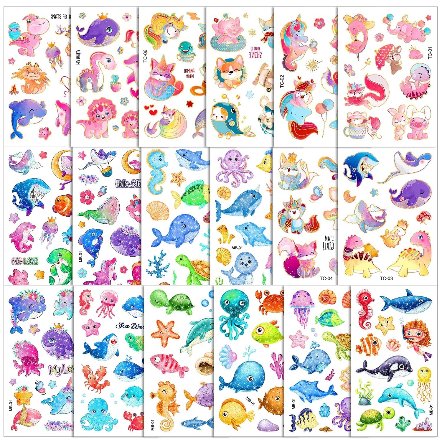18 Sheets Metallic and Glitter Sea Animal Tattoos Sea Ocean Life Temporary Tattoos Under The Sea Dolphin Shark Fake Tattoos Stickers Boys Girls Birthday Party Favors (Metallic and Glitter Mixed Style)