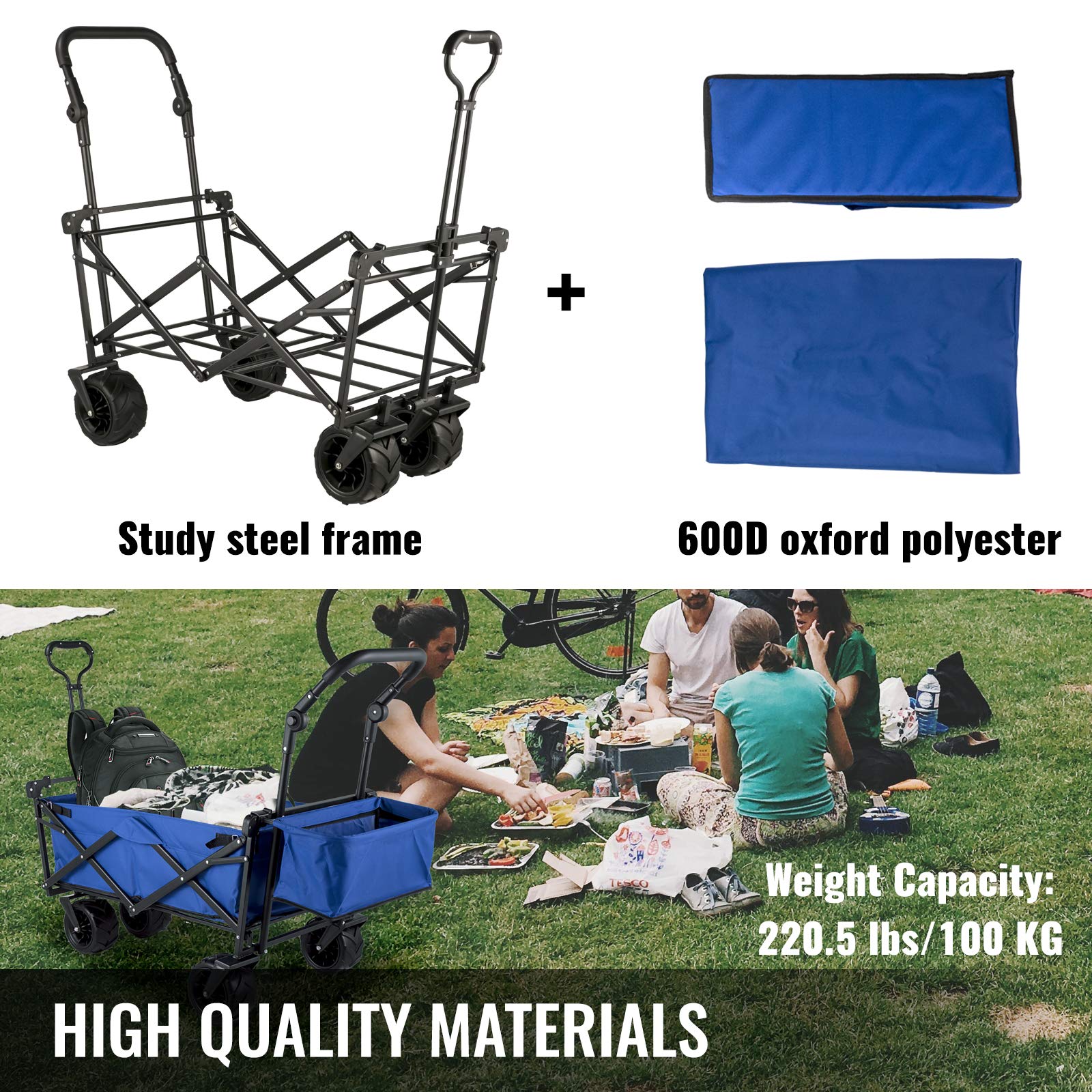 Happbuy Extra Large Collapsible Garden Cart with Removable Canopy, Folding Wagon Utility Carts with Wheels and Rear Storage, Wagon Cart for Garden, Camping, Grocery Cart, Shopping Cart, Blue