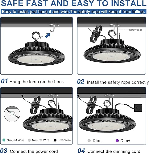 Miniatura 7 de Luz LED de alta bahía de 300 W (300 W, certificación UL&DLC, 41000 lúmenes, luces LED UFO de alta bahía regulables para almacén, luz diurna de 5000