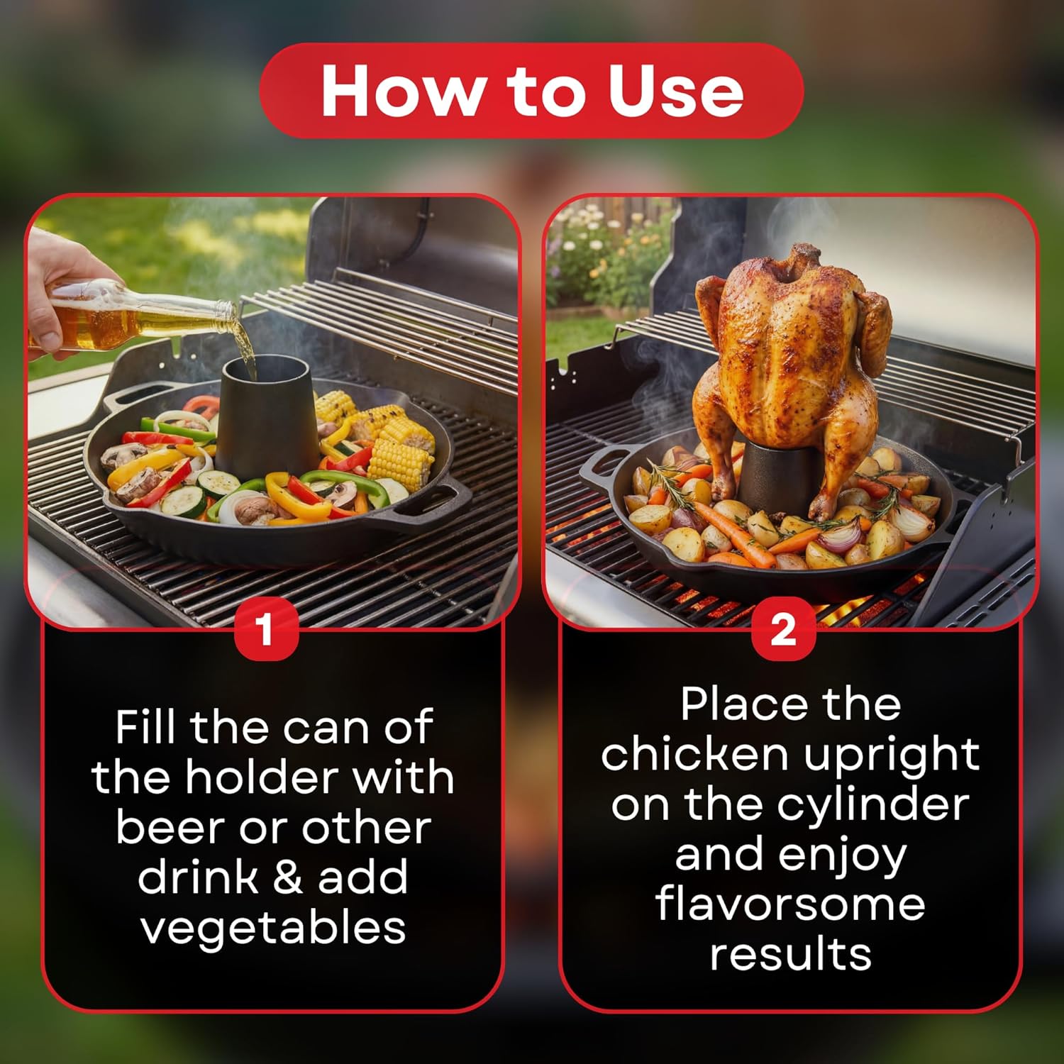 Cast Iron Vertical Chicken Roaster with Drip Pan - Beer Can Holder for Crispy Juicy Poultry on Grill, Oven, Stovetop & Campfire | Pre-Seasoned Non-Stick BBQ Cooking Stand for Chicken Turkey & Veggies