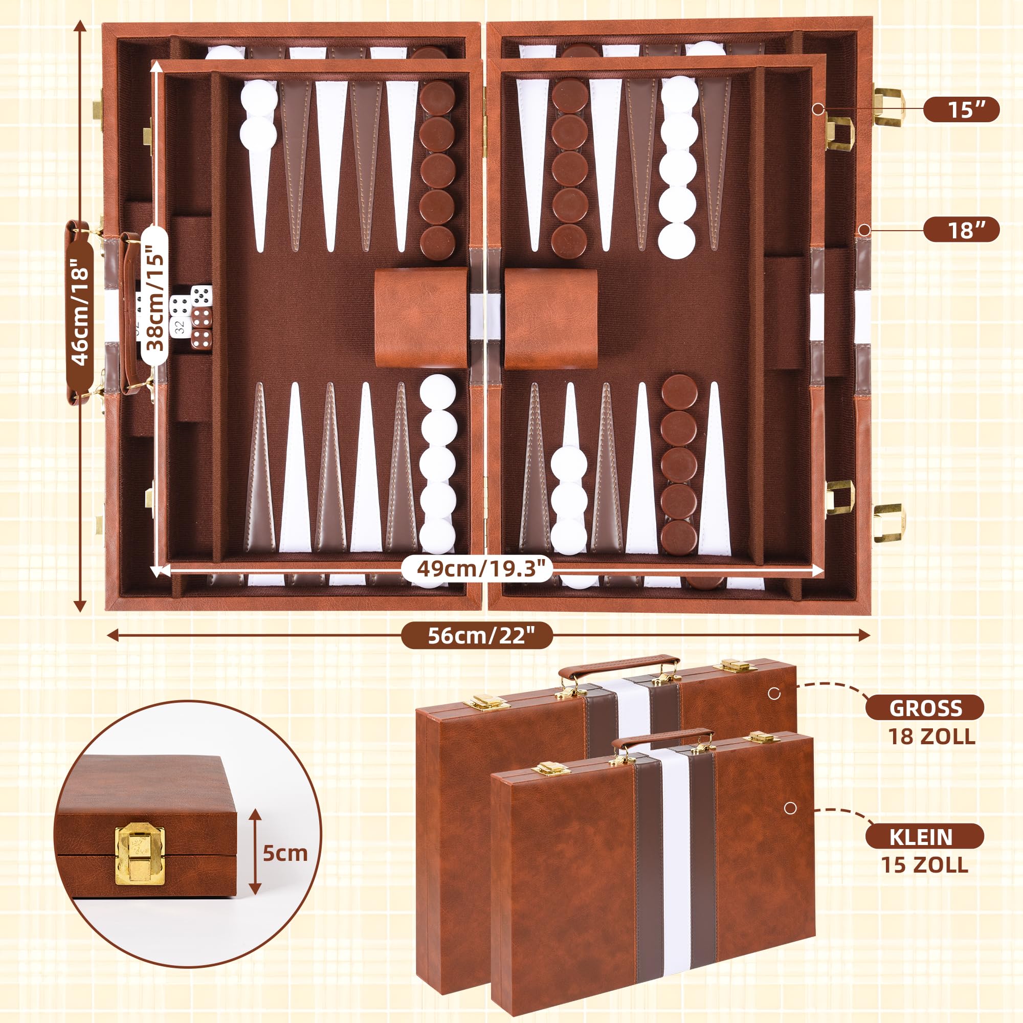 Backgammon Portatile 18 Pollici con Custodia in Ecopelle - Set da Viaggio Elegante, 30 Pedine + 4 Dadi - Gioco Classico Regalo per Adulti (Marrone) (18 pollici)