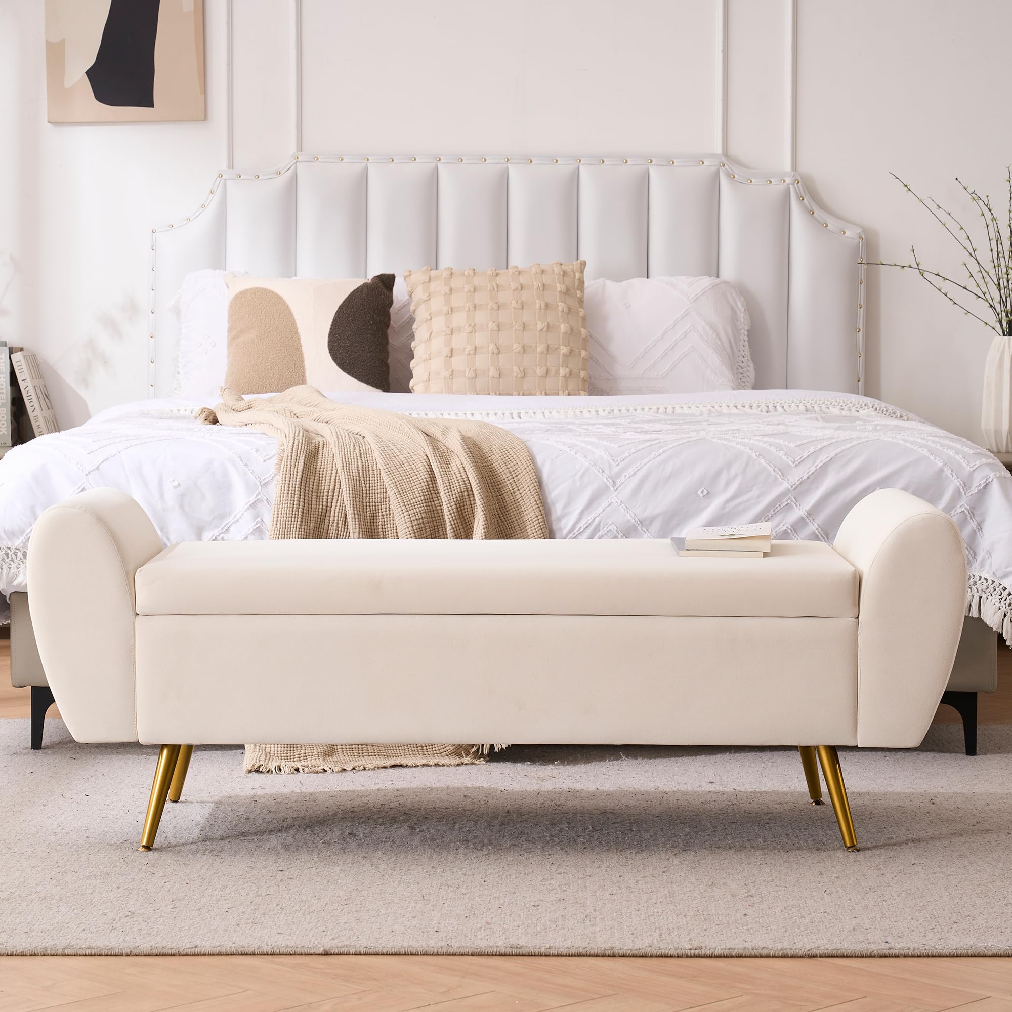 56 inch Storage Bench for Bedroom King Size Bed Gold Legs Velvet Ivory White