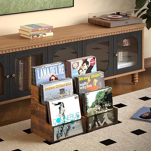 Miniatura 4 de Soporte para almacenamiento de discos de vinilo, caja de discos de vinilo LP escalonada de 3 niveles con rejilla de metal, caja organizadora de