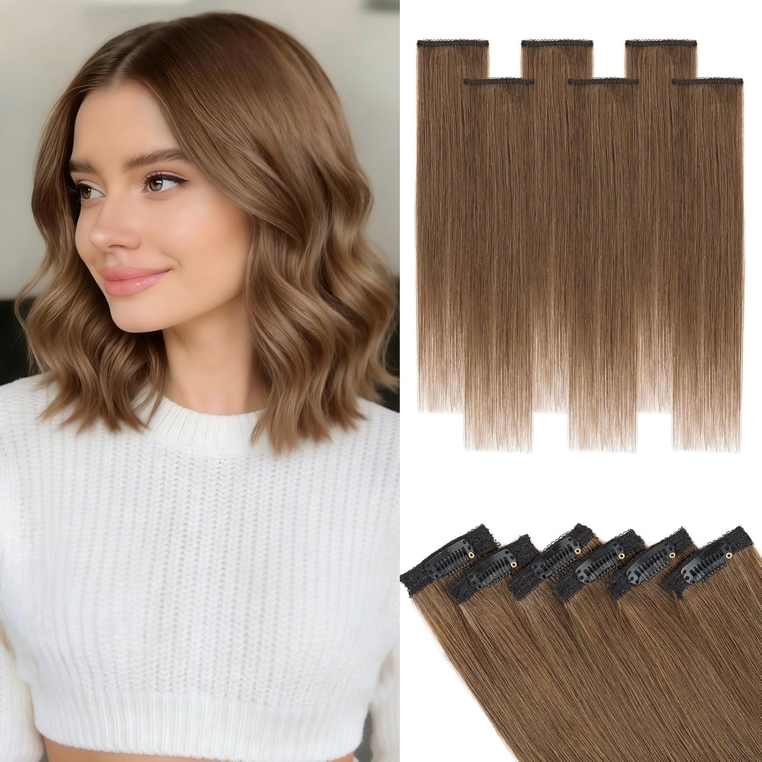 Hairro 6pcs Clip In Short Human Hair Extensions, Single Clip Design 100% Real Hair with Lace Weft, Seamless Thin Hairpieces Add Highlights, 14 Inch 36g #04 Medium Brown