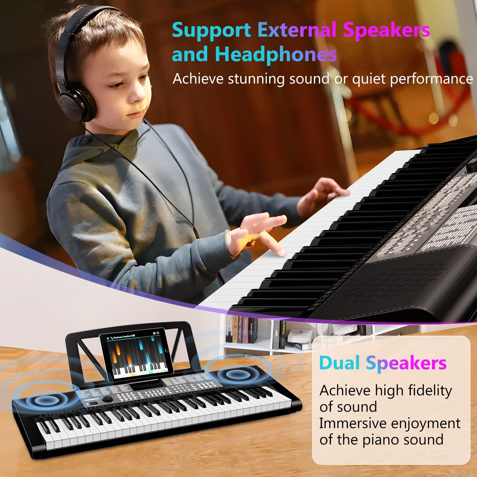 TERENCE Piano Numérique 61 Touches Double Haut-parleur HiFi Clavier Piano avec 51 Touches de Fonction Affichage LED Double Clavier 2 Options d'alimentation Support pour Casque et Microphone