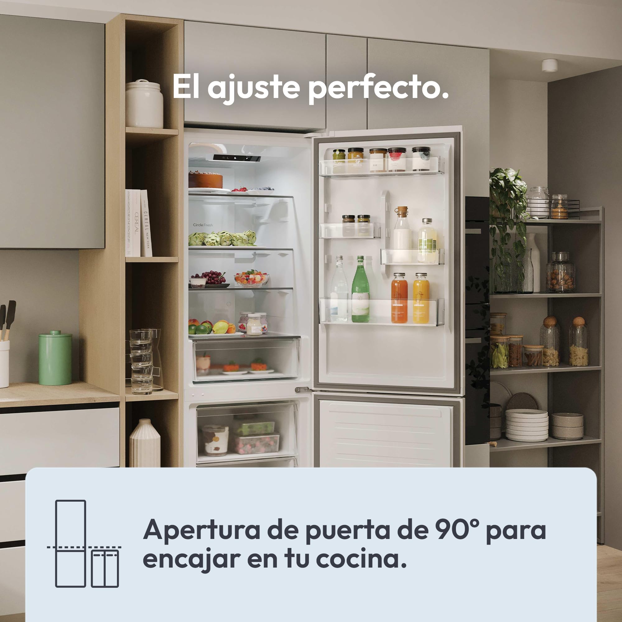 Candy Fresco 300 CNCQ2T618CW, Frigorífico Combi, Capacidad 355L, Total No Frost Circle+, Cajón Verdulero, Control Electrónico de temperatura, 60x185cm, Iluminación LED, Puerta Reversible, 38DB, Blanco