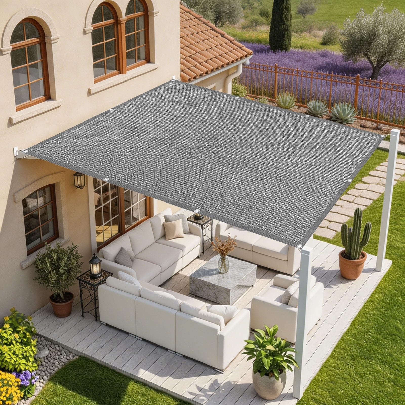 Voile d'ombrage rectangulaire gris protection solaire 2.1x8 m pour supprimer les poches d'eau