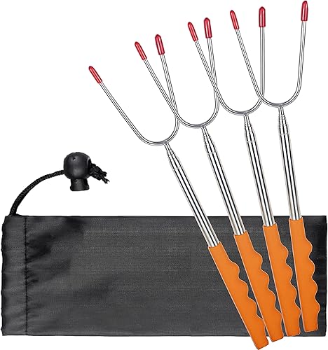 Fafish Paquete de 4 palos de asar malvaviscos para hogueras, kit de pinchos extra largos de 45 pulgadas, accesorios telescópicos de fogata para