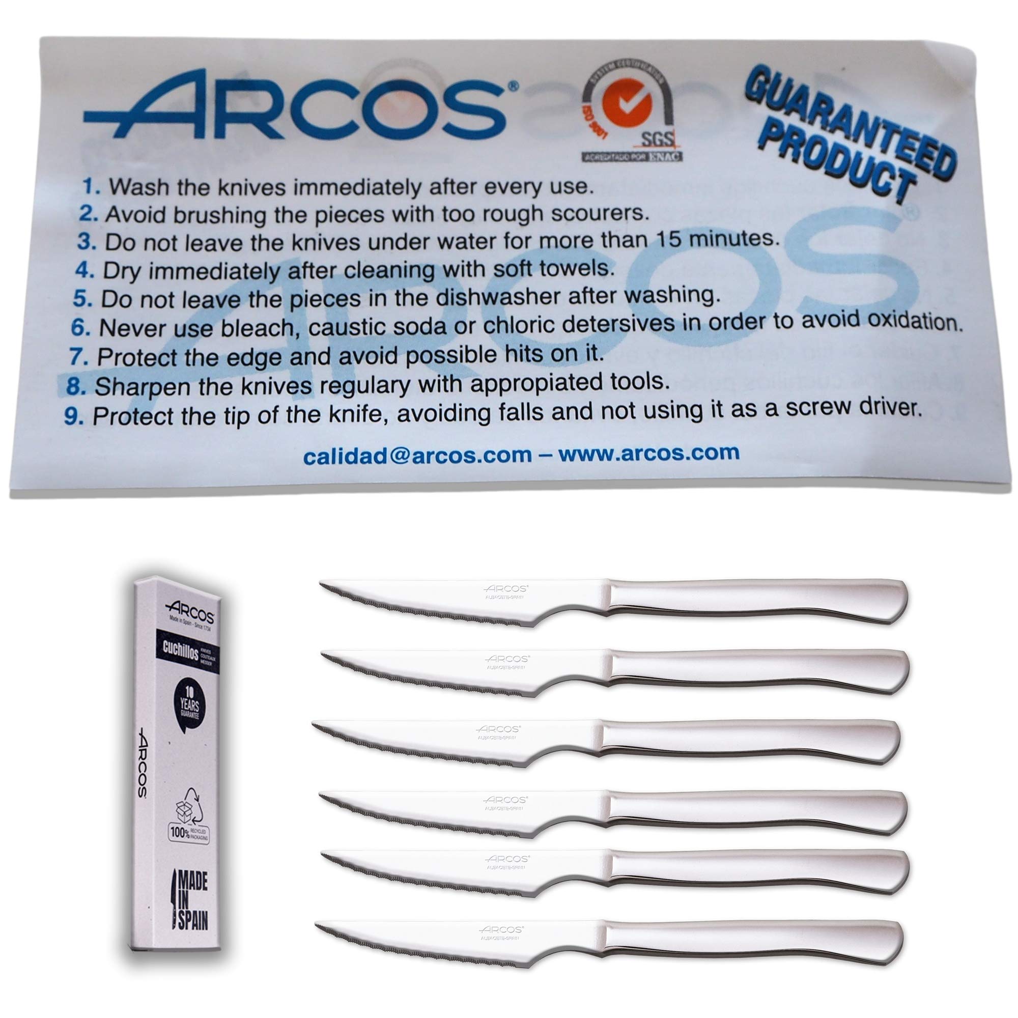 Arcos Juego Cuchillos Carne | 6 Piezas | Cuchillos carne cuchillo chuleteros | cubiertos acero inoxidable | Hoja 110 mm | mango monobloque | aptos lavavajillas | Caja Envase Ecológico
