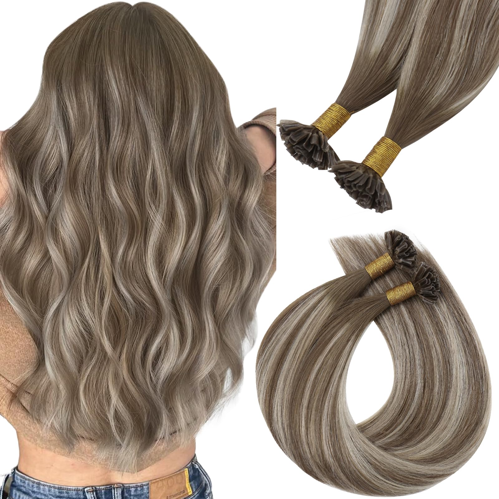 Easyouth U Tip Hair Extensions Human Hair Brown Balayage 16Inch Utip Hair Extension Chestnut Brown Ombre Platinum Blonde Keratin Tip Hair Extension K Tips Extension Heat-Styling Capability 1G/S 50G