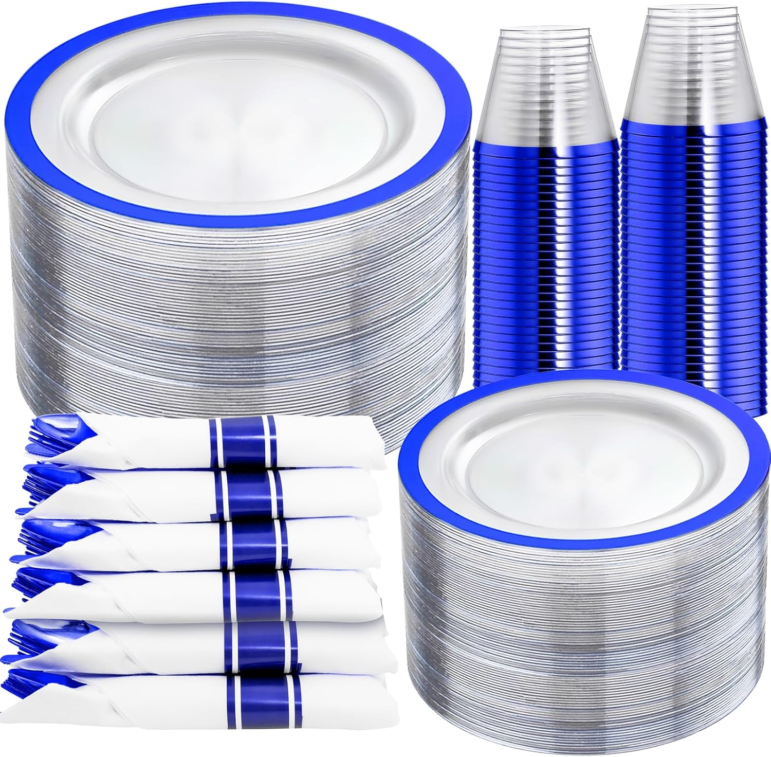 I00000 350 Pcs Dark Clear and Blue Plastic Plates, Disposable Dinnerware Set, Include 50 Dinner Plates 10.25'', 50 Dessert Plates 7.5'', 50 Cups 9 OZ, 50 Per Rolled Napkins with Plastic Cutlery 50 Guests Clear Blue