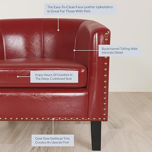 Miniatura 3 de BELLEZE Silla Accent Barrel, moderna silla tapizada para sala de estar, silla de piel sintética con ribete de cabeza de clavo dorado, patas negras,